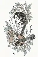A realistic portrait of a sleeping musician surrounded by leopard-print flowers and stars tattoo design idea
