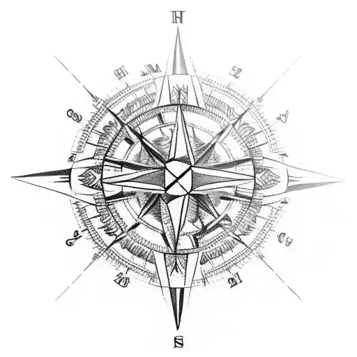An intricate design of a scout compass overlaid with logging equipment like chainsaws and axes, with a subtle campfire silhouette in the background tattoo design idea