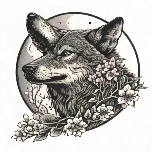An intricate dotwork design of a wolf howling at the moon, with cherry blossoms and Japanese kanji characters representing resilience and determination tattoo design idea