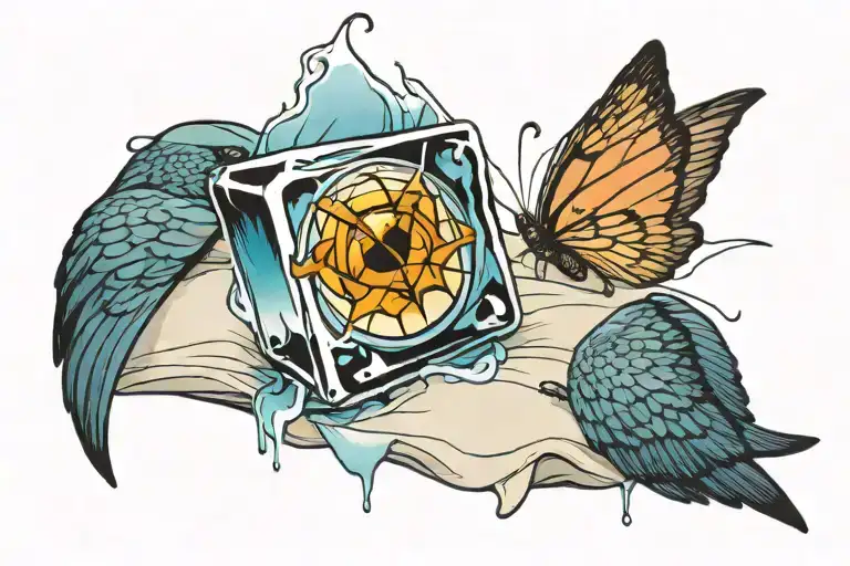 An ice cube with Disney princess eyes catching fire on top of a bed. tattoo design idea