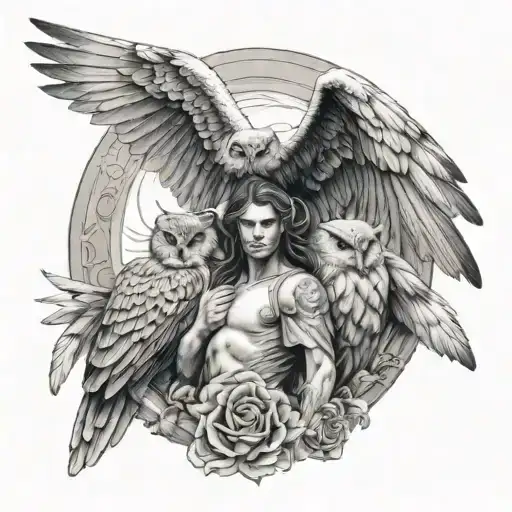 Angel with an owl and an eagle  tattoo design idea