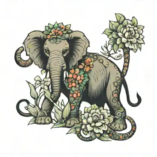 lion, tusker elephant and cobra com flores tattoo design idea