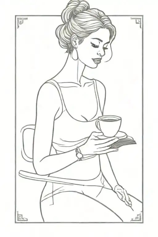 confident woman with coffee cup and book open in front tattoo design idea