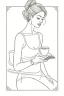 confident woman with coffee cup and book open in front tattoo design idea