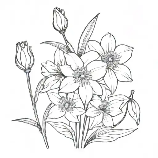 marigold and holly and paperwhite narcissus flower tattoo design idea