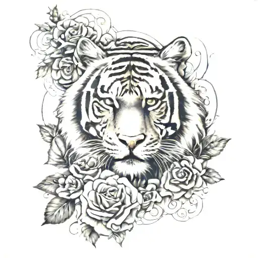 tiger combined with tribal type ornaments and realistic roses tattoo design idea