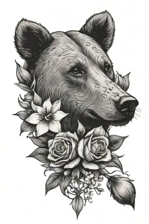 feminine forearm tattoo of mama bear protecting Lilly of the valley flowers and narcissus flowers with compass tattoo design idea