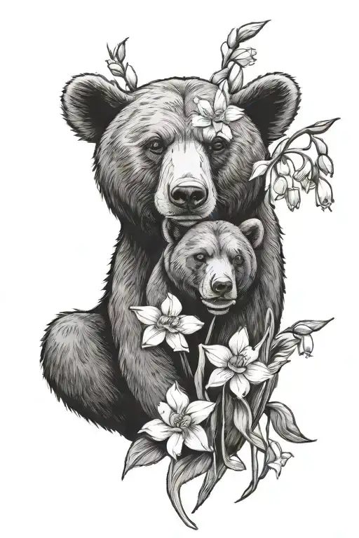 feminine forearm tattoo of mama bear protecting Lilly of the valley flowers and narcissus flowers.  tattoo design idea