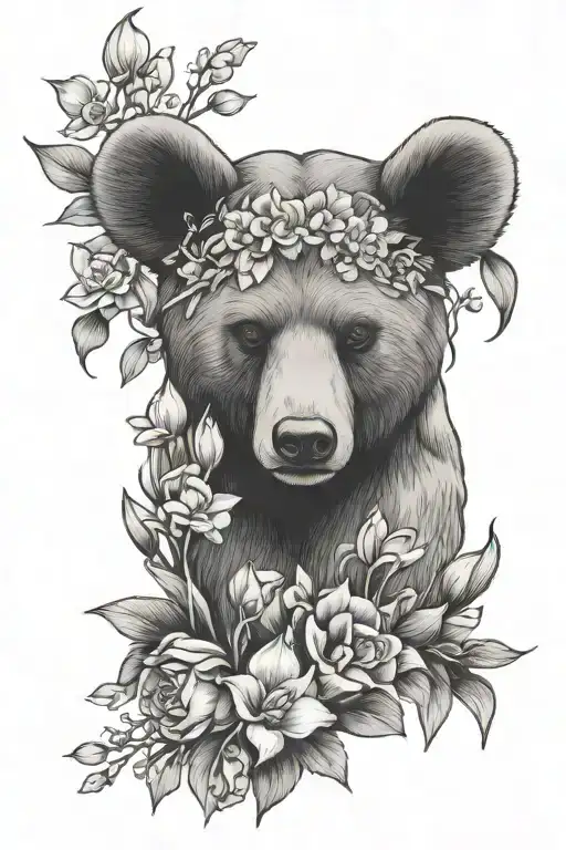feminine forearm tattoo of mama bear protecting Lilly of the valley flowers and narcissus flowers tattoo design idea