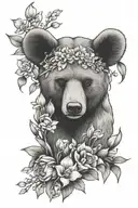 feminine forearm tattoo of mama bear protecting Lilly of the valley flowers and narcissus flowers tattoo design idea
