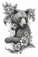 feminine forearm tattoo of mama bear protecting Lilly of the valley flowers and narcissus flowers tattoo design idea