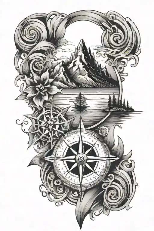 Mountain set behind a lake or ocean waves. Partial Compass rose set behind a roman numeral 4 to the upper left. tattoo design idea