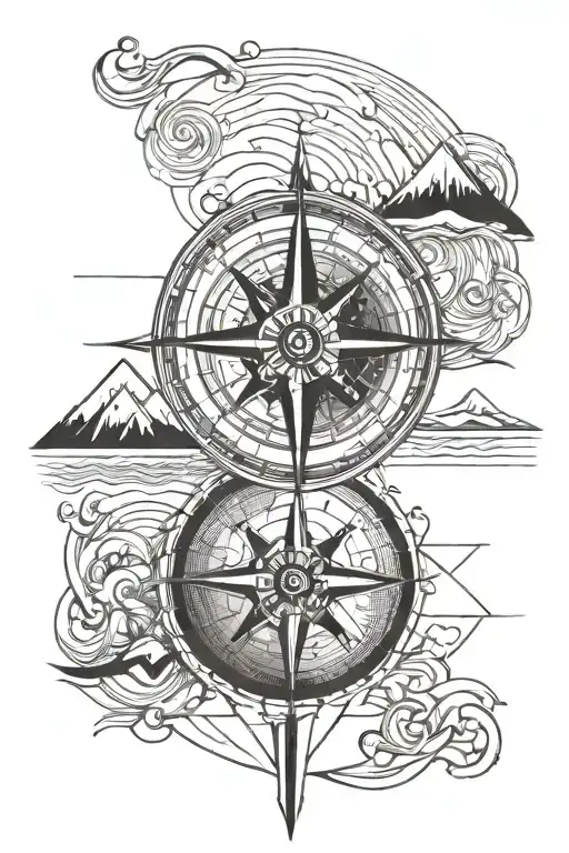 Mountain set behind a lake or ocean waves. Compass rose showing only north east. roman numeral 4 to the upper left. tattoo design idea