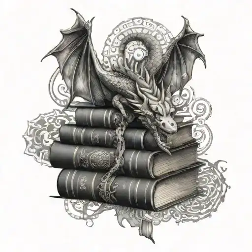 book stack with dragon wrapped and a mandala underneath  tattoo design idea