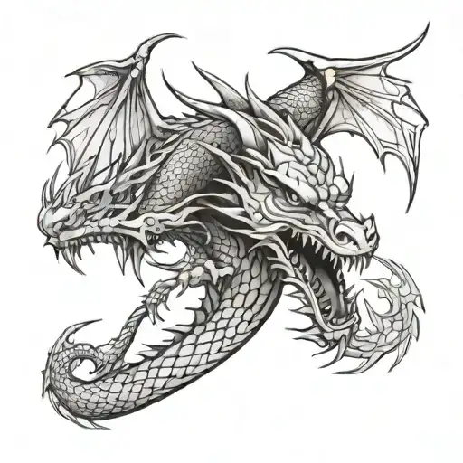 Dragon facing front with cybersigilism in the background tattoo design idea