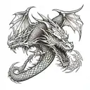 Dragon facing front with cybersigilism in the background tattoo design idea