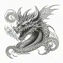 Dragon facing front with cybersigilism in the background tattoo design idea