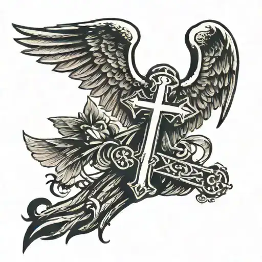 cross with angel and devil wing attached tattoo design idea