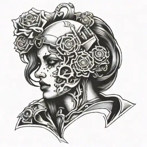 gearhead woman with a broken heart tattoo design idea