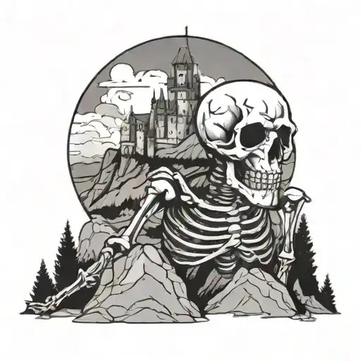 a skeleton in war outfit watching a castle on a hill tattoo design idea