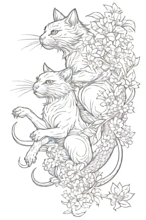 two ninja cats vertical to each other surrounded by flowers and a dragon wrapping around arm  tattoo design idea