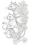 two ninja cats vertical to each other surrounded by flowers and a dragon wrapping around arm  tattoo design idea