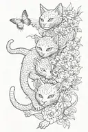 two ninja cats vertical to each other surrounded by flowers and a dragon wrapping around arm  tattoo design idea