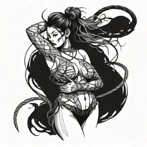 Shibari girl standing with demon  tattoo design idea