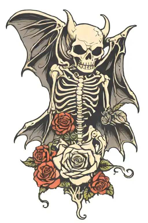 A happy bat skeleton with a heart and with a rose intertwined tattoo design idea