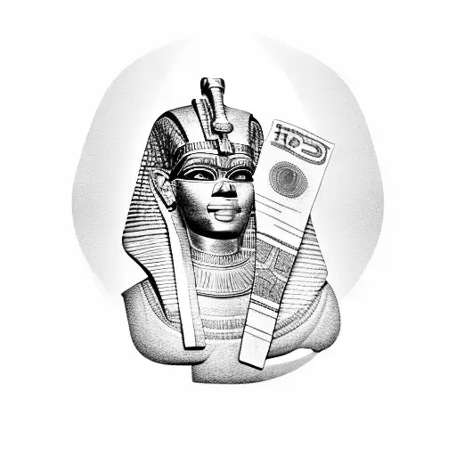 A black and grey portrait of an Egyptian goddess holding a stack of money tattoo design idea
