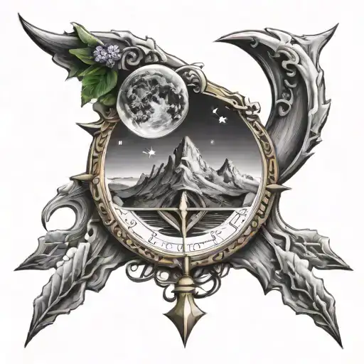 crescent moon, mountain and compass  tattoo design idea