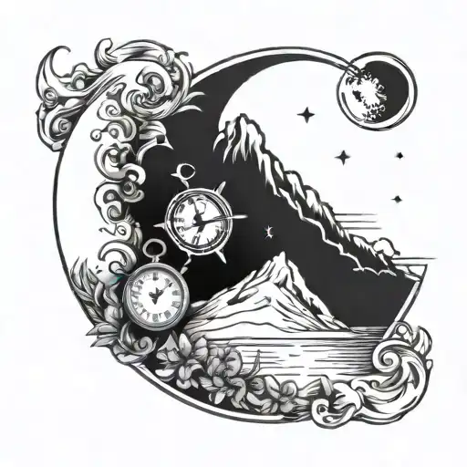 crescent moon, sea, mountain and compass  tattoo design idea