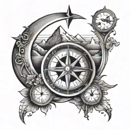 crescent moon, sea, mountain and compass  tattoo design idea