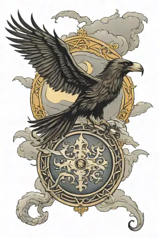 drakkar, ravens, stormy sky, rough sea, viking shield, odin tattoo design idea
