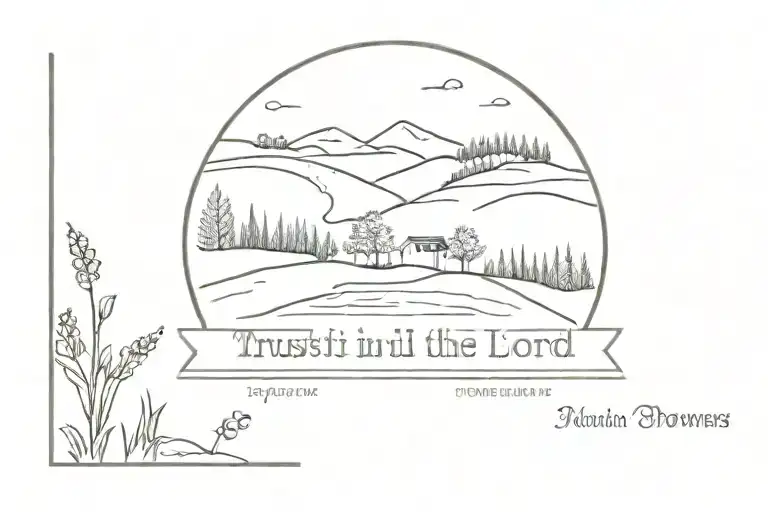 A minimalist tattoo of a peaceful landscape with the quote 'Trust in the Lord with all your heart' from Proverbs 3:5-6 tattoo design idea