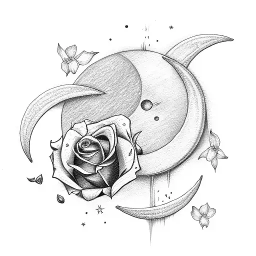 crescent moon with rose and poppy and daffodil and daisy tattoo design idea