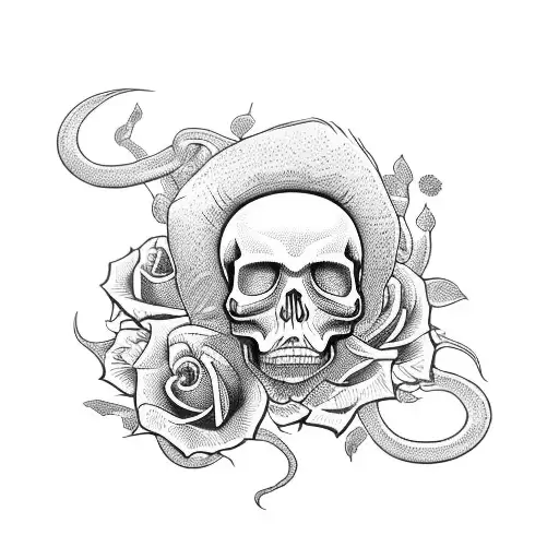 skull with roses and snake tattoo design idea