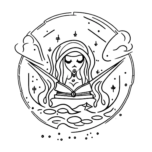 A mystical tattoo featuring a witch brewing a potion with a book of spells and a cup of wine on a moonlit night. tattoo design idea