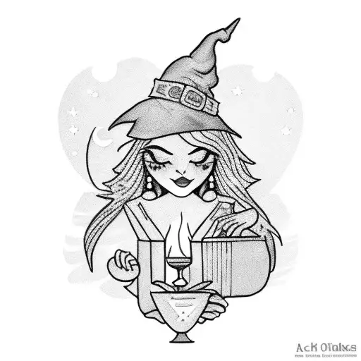 A mystical tattoo featuring a witch brewing a potion with a book of spells and a cup of wine on a moonlit night. tattoo design idea