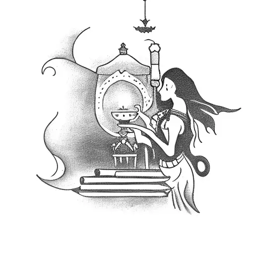 A mystical tattoo featuring a witch brewing a potion with a book of spells and a cup of wine on a moonlit night. tattoo design idea