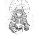 A mystical tattoo featuring a witch brewing a potion with a book of spells and a cup of wine on a moonlit night. tattoo design idea