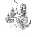 A mystical tattoo featuring a witch brewing a potion with a book of spells and a cup of wine on a moonlit night. tattoo design idea