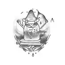 A mystical tattoo featuring a witch brewing a potion with a book of spells and a cup of wine on a moonlit night. tattoo design idea