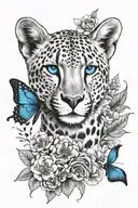 a blue-eyed cheetah surrounded by clouds and blooming flowers and blue butterflies tattoo design idea