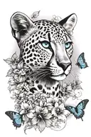 a blue-eyed cheetah surrounded by clouds and blooming flowers and blue butterflies tattoo design idea