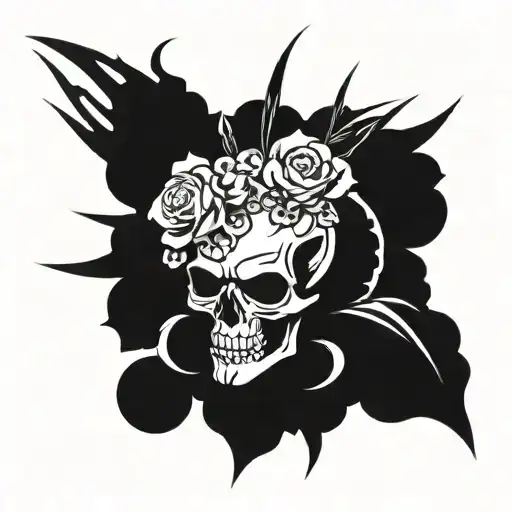 dagger in skull with flowers growing tattoo design idea