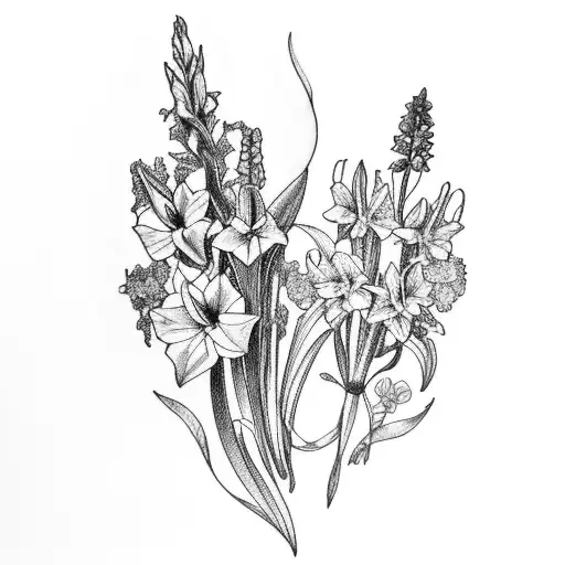 larkspur, narcissus, and gladiolus bouquet long stems  tattoo design idea