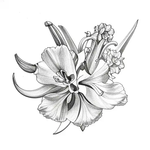 larkspur, narcissus, and gladiolus bouquet long stems  tattoo design idea