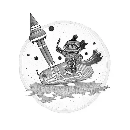 A blackwork tattoo of a gamer riding a bitcoin rocket through a psychedelic galaxy tattoo design idea