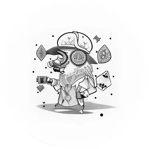 Psychedelic game characters playing poker with bitcoin chips tattoo design idea